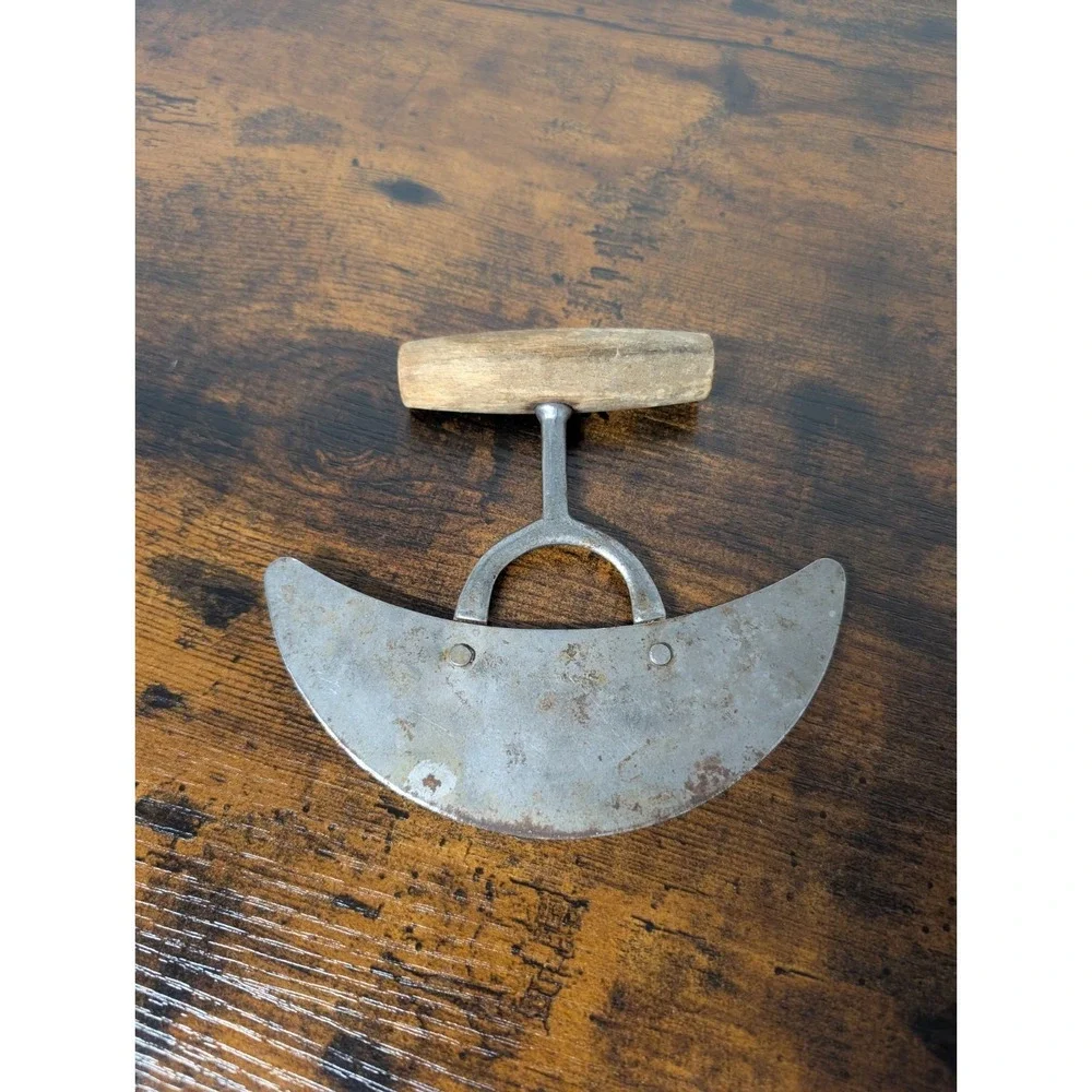 Vintage Ulu Mezzaluna Herb Chopper Crescent‎ Rocking Knife Wood Handle